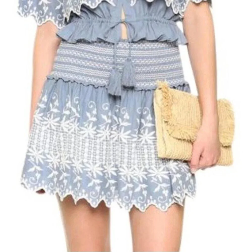 LoveShackFancy Womens‎ Blue White Smocked Waist Ruffled Floral Mini Skirt Size 1